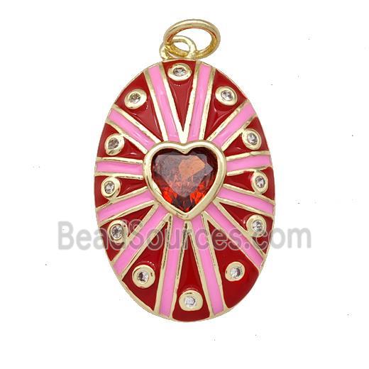 Copper Oval Pendant Pave Red Zirconia Heart Red Enamel Gold Plated