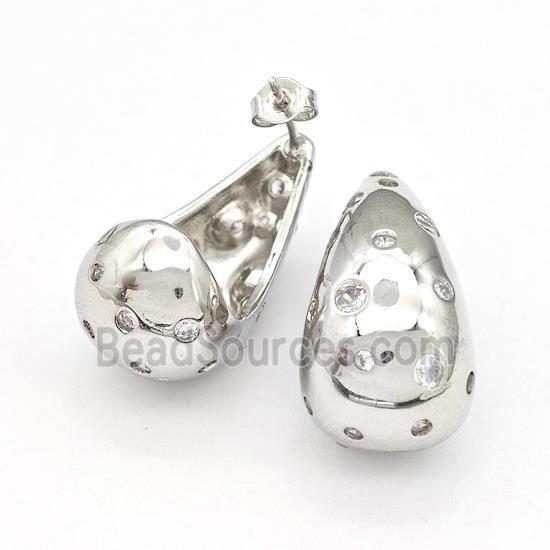 Copper Teardrop Stud Earrings Micro Pave Zirconia Hollow Platinum Plated