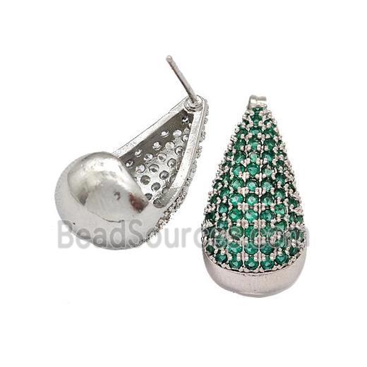 Copper Teardrop Stud Earrings Micro Pave Green Zirconia Platinum Plated