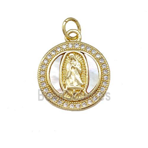 Jesus Charms Copper Circle Pendant Pave Shell Zirconia 18K Gold Plated