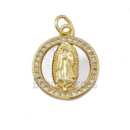 Jesus Charms Copper Circle Pendant Pave Shell Zirconia 18K Gold Plated