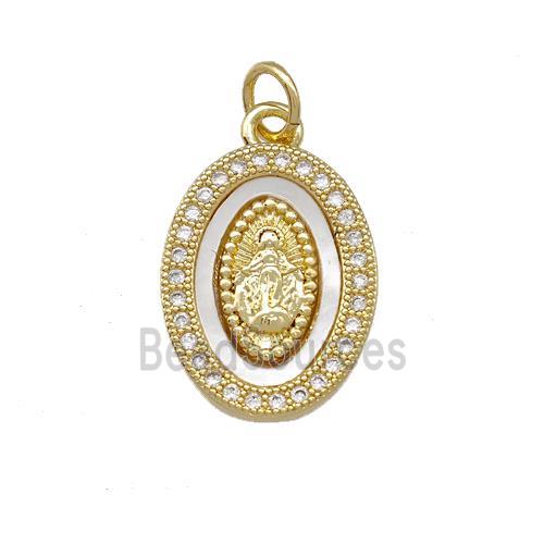 Virgin Mary Charms Copper Oval Pendant Pave Shell Zirconia 18K Gold Plated