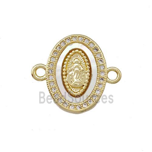 Virgin Mary Charms Copper Oval Connector Pave Shell Zirconia 18K Gold Plated