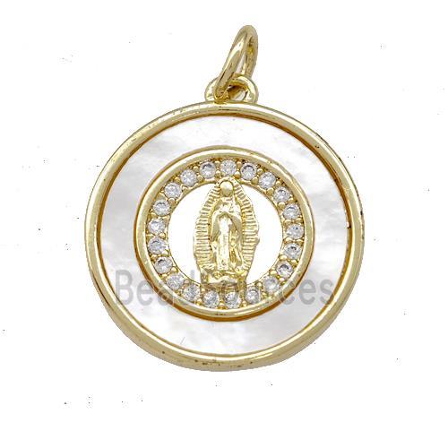 Jesus Charms Copper Circle Pendant Pave Shell Zirconia 18K Gold Plated