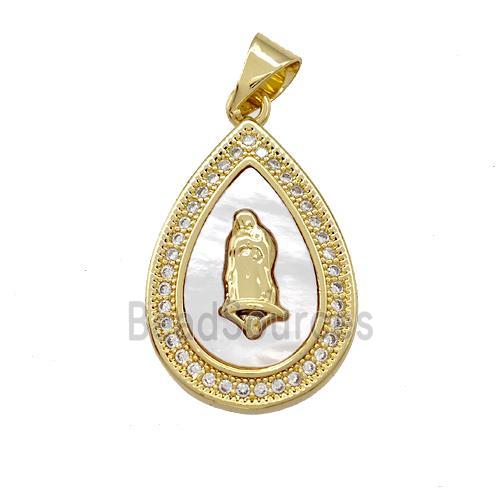 Jesus Charms Copper Teardrop Pendant Pave Shell Zirconia 18K Gold Plated