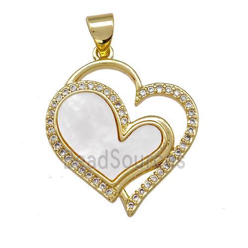 Double Heart Charms Copper Pendant Pave Shell Zirconia 18K Gold Plated