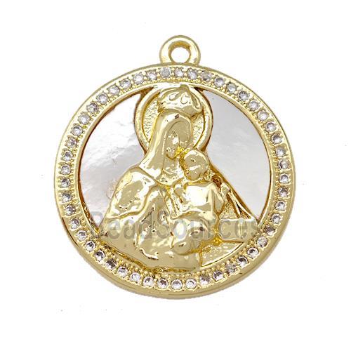 Virgin Mary Charms Copper Circle Pendant Pave Shell Zirconia 18K Gold Plated