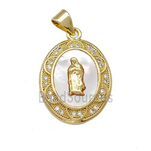 Jesus Charms Copper Oval Pendant Pave Shell Zirconia 18K Gold Plated