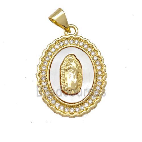 Jesus Charms Copper Oval Pendant Pave Shell Zirconia 18K Gold Plated