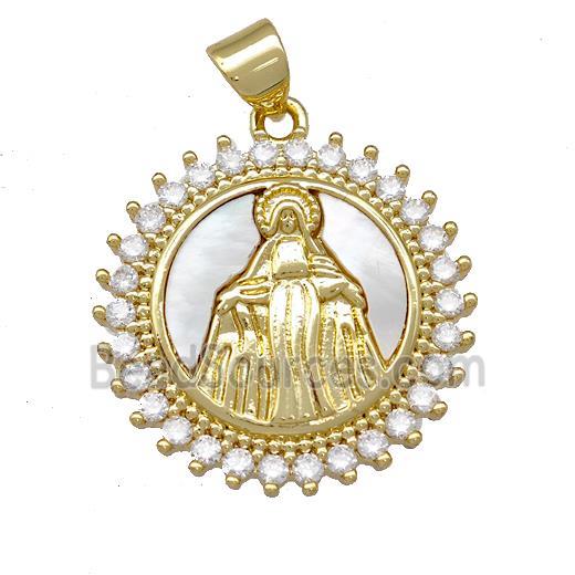 Virgin Mary Charms Copper Circle Pendant Pave Shell Zirconia 18K Gold Plated