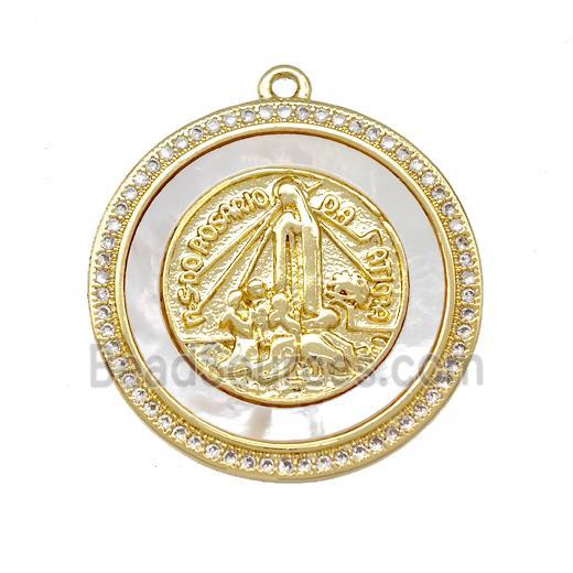 Jesus Charms Copper Circle Pendant Pave Shell Zirconia 18K Gold Plated