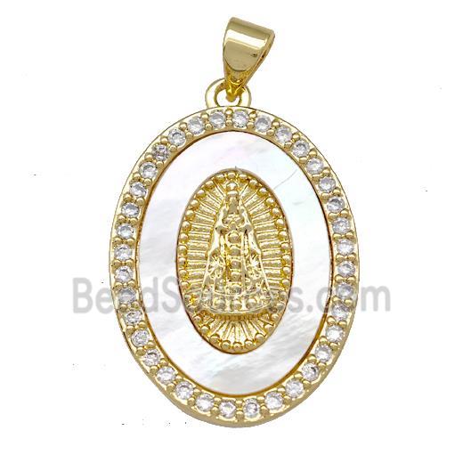 Virgin Mary Charms Copper Oval Pendant Pave Shell Zirconia 18K Gold Plated