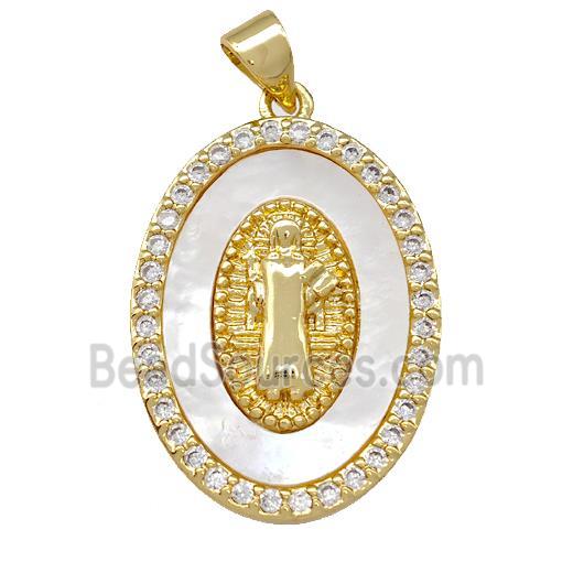 Jesus Charms Copper Oval Pendant Pave Shell Zirconia 18K Gold Plated