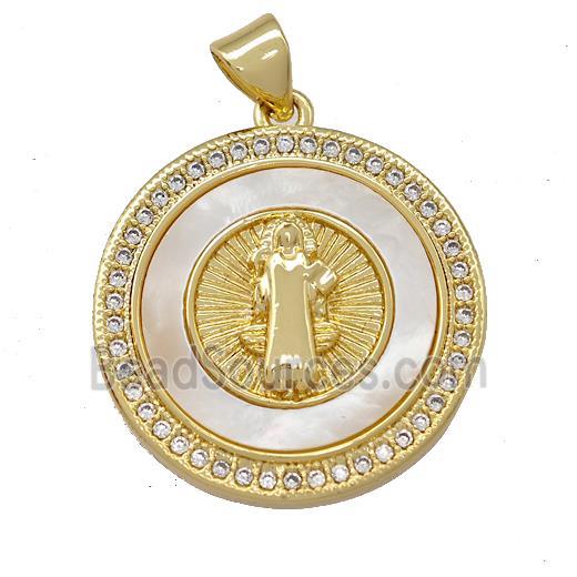 Jesus Charms Copper Circle Pendant Pave Shell Zirconia 18K Gold Plated