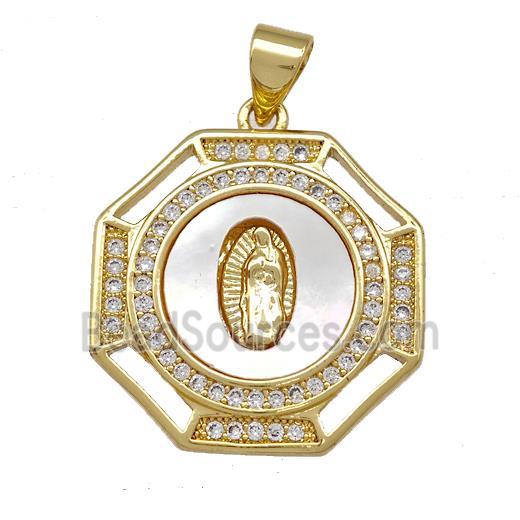 Jesus Charms Copper Octangle Pendant Pave Shell Zirconia 18K Gold Plated