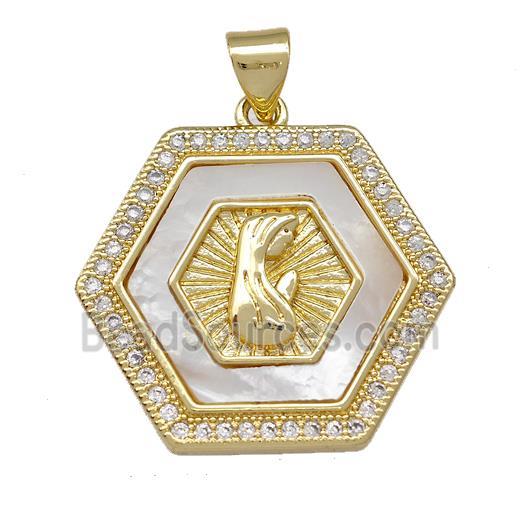 Virgin Mary Prayer Copper Hexagon Pendant Pave Shell Zirconia 18K Gold Plated