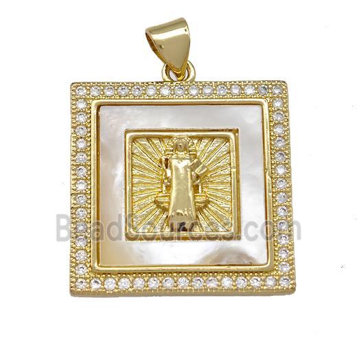 Jesus Charms Copper Square Pendant Pave Shell Zirconia 18K Gold Plated