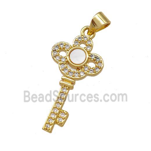 Copper Key Pendant Pave Shell Zirconia 18K Gold Plated