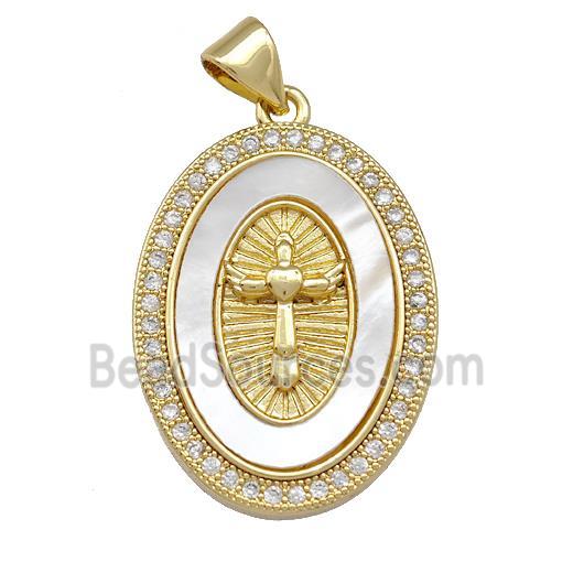 Copper Oval Pendant Pave Shell Zirconia Cross 18K Gold Plated