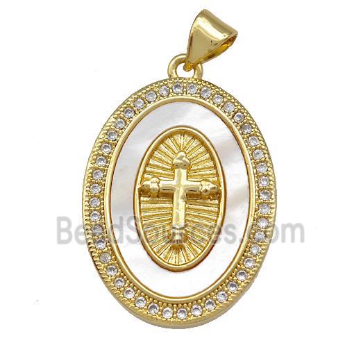 Copper Oval Pendant Pave Shell Zirconia Cross 18K Gold Plated