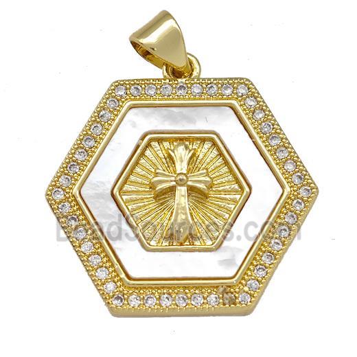 Copper Hexagon Pendant Pave Shell Zirconia Cross 18K Gold Plated