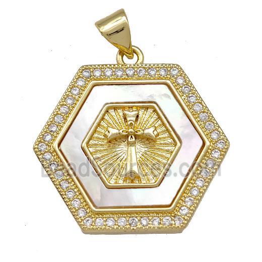 Copper Hexagon Pendant Pave Shell Zirconia Cross 18K Gold Plated