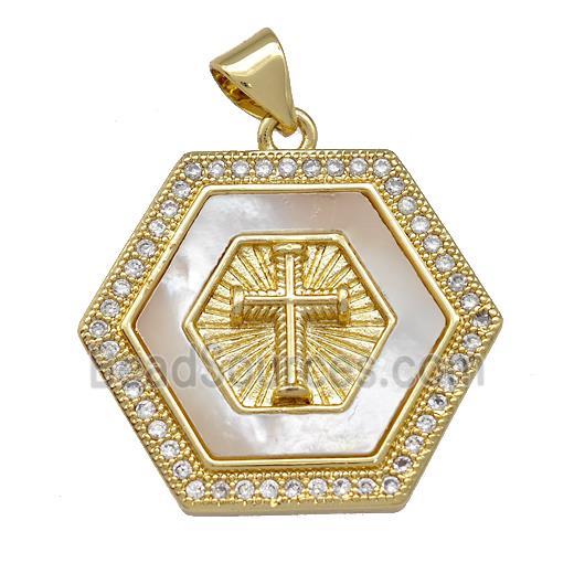 Copper Hexagon Pendant Pave Shell Zirconia Cross 18K Gold Plated