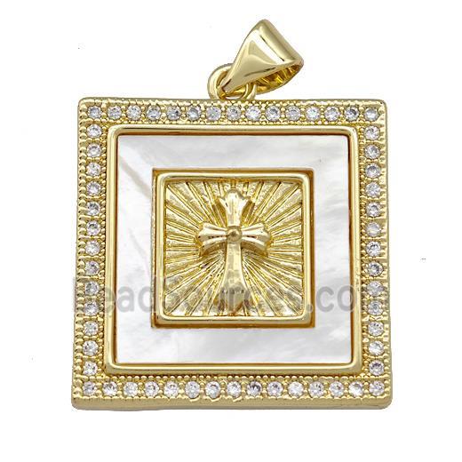 Copper Square Pendant Pave Shell Zirconia Cross 18K Gold Plated