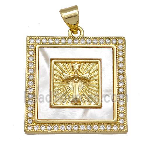 Copper Square Pendant Pave Shell Zirconia Cross 18K Gold Plated