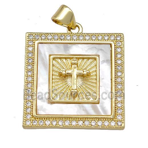 Copper Square Pendant Pave Shell Zirconia Cross 18K Gold Plated