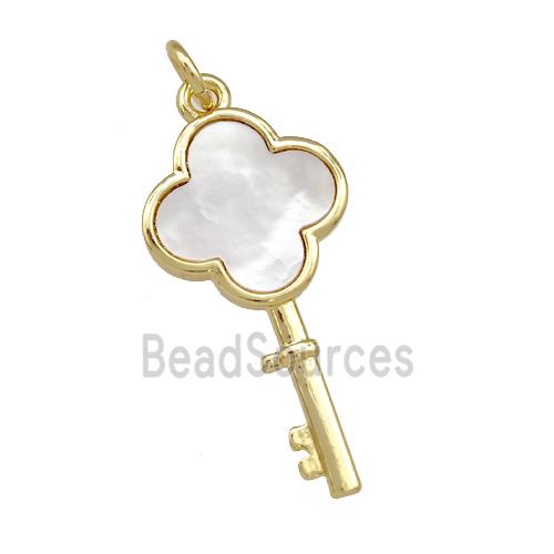 Copper Key Charms Pendant Pave Shell Clover 18K Gold Plated