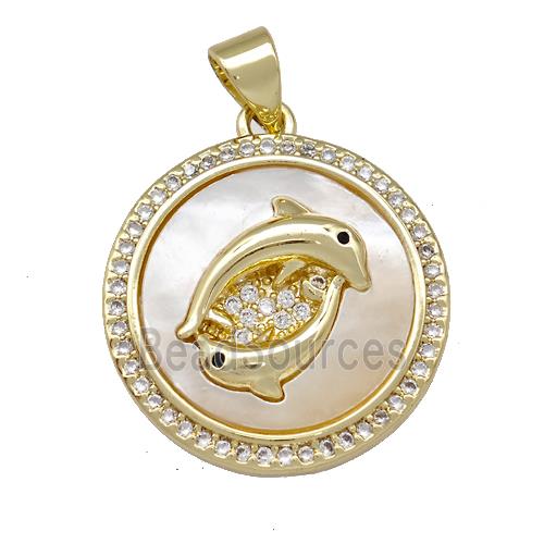 Dolphin Charms Copper Circle Pendant Pave Shell Zirconia 18K Gold Plated