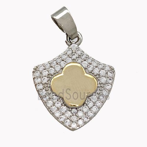 Copper Shield Pendant Micro Pave Zirconia Clover Platinum Plated