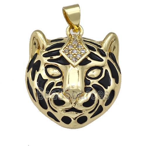 Copper Tiger Pendant Pave Zirconia Black Enamel Gold Plated