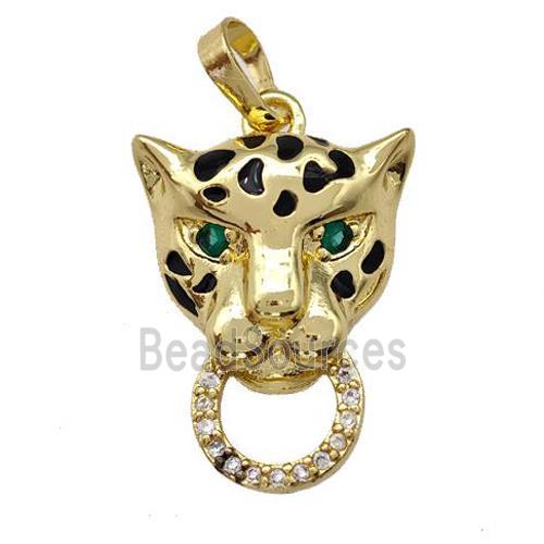 Copper Leopard Pendant Pave Zirconia Black Enamel Gold Plated