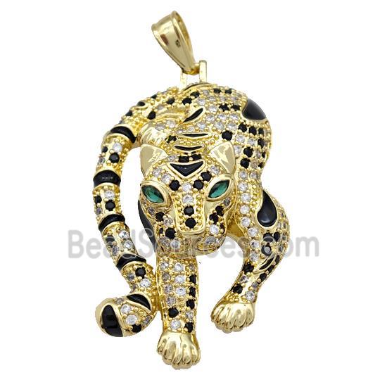 Copper Leopard Pendant Pave Zirconia Black Enamel Gold Plated