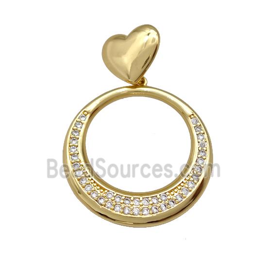 Copper Circle Pendant Pave Zirconia Heart Gold Plated