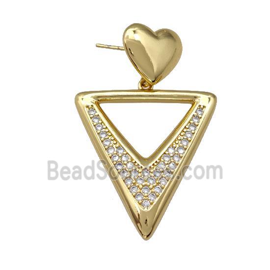 Copper Triangle Stud Earrings Pave Zirconia Heart Gold Plated