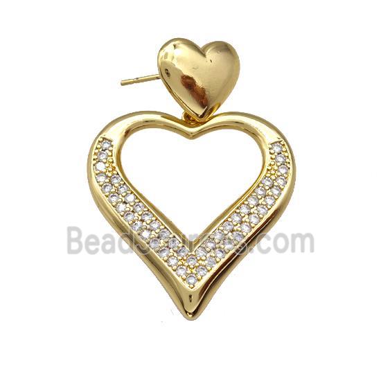 Copper Heart Stud Earrings Pave Zirconia Heart Gold Plated