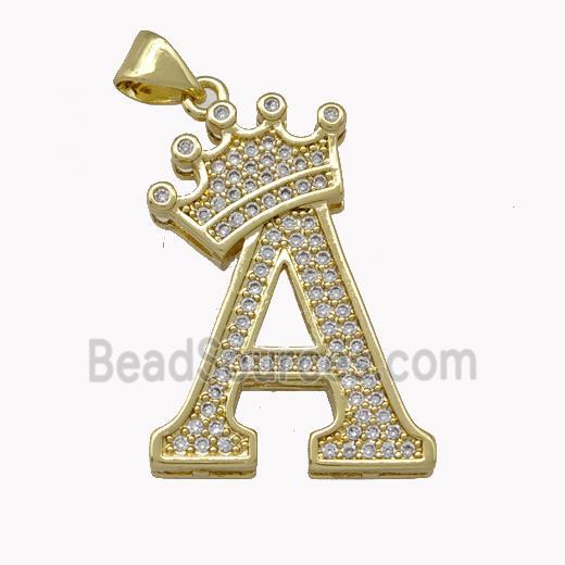 Copper Letter-A Pendant Micro Pave Zirconia Crown Gold Plated