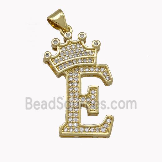 Copper Letter-E Pendant Micro Pave Zirconia Crown Gold Plated