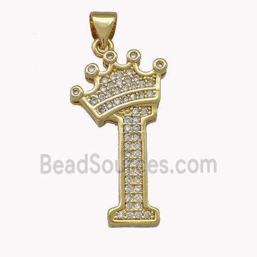 Copper Letter-I Pendant Micro Pave Zirconia Crown Gold Plated