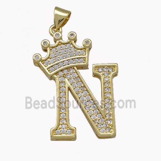 Copper Letter-N Pendant Micro Pave Zirconia Crown Gold Plated