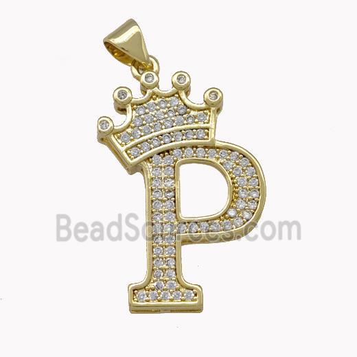 Copper Letter-P Pendant Micro Pave Zirconia Crown Gold Plated