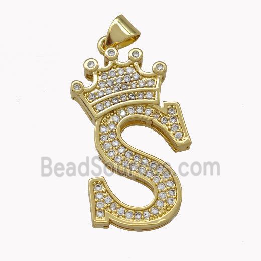 Copper Letter-S Pendant Micro Pave Zirconia Crown Gold Plated