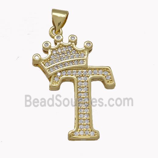 Copper Letter-T Pendant Micro Pave Zirconia Crown Gold Plated