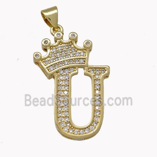 Copper Letter-U Pendant Micro Pave Zirconia Crown Gold Plated