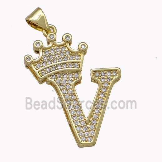 Copper Letter-V Pendant Micro Pave Zirconia Crown Gold Plated