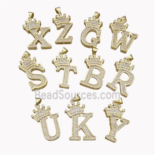 Copper Alphabet Pendant Micro Pave Zirconia Mixed Letters Crown Gold Plated