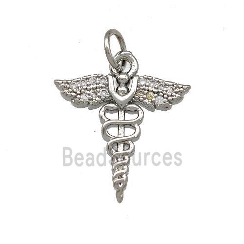 Copper Caduceus Charms Pendant Pave Zirconia Platinum Plated